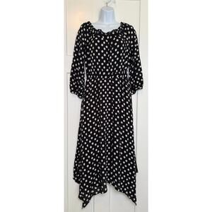 Maeve Anthropologie Gerti Midi Dress Black White Polka Dot Off Shoulder SIZE 6